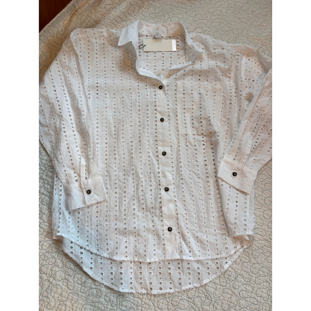 Calia Oversized Eyelet Button Down Shirt Swim Coverup‎ Pure White Women's Medium